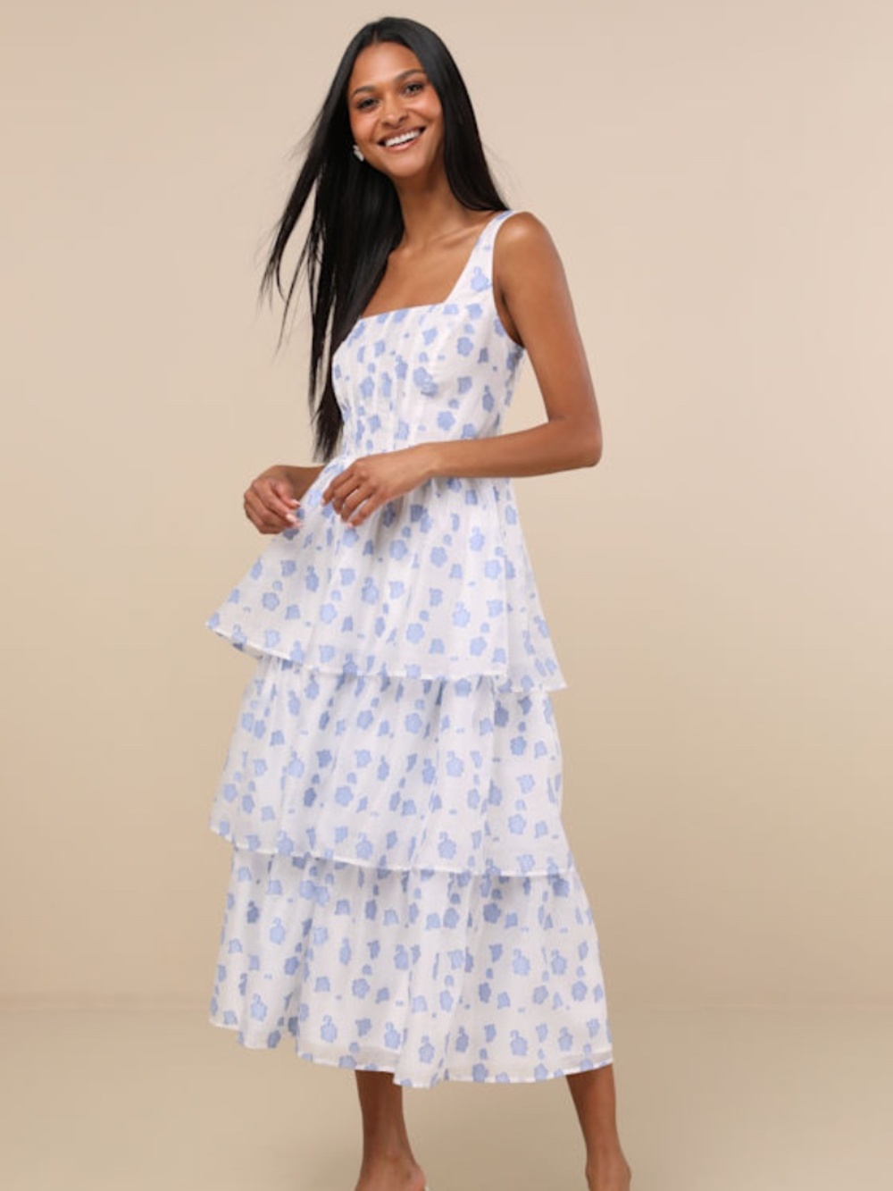 Lulus Sweet Potential Blue And White Floral Burnout Tiered Midi Dress - Size S